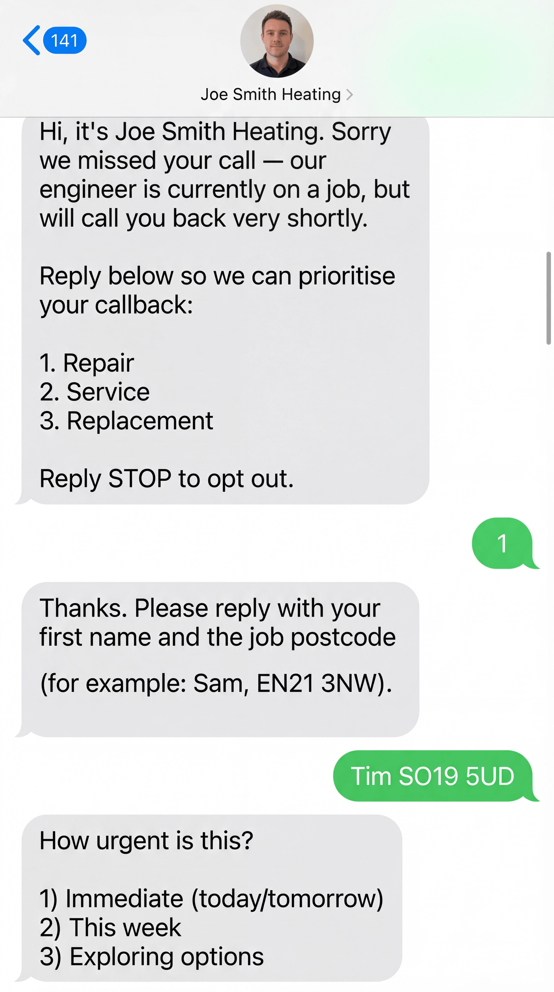 SMS 3-question qualification flow shown on a customer’s phone